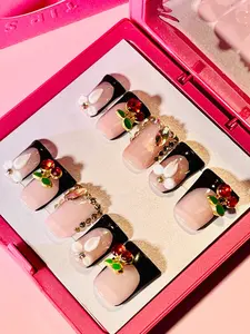 10pcs Handmade Duck Tip Press-On Nails, Black French Tip Design with Red Cherry Charms and 3D Petal Accents, Reusable Gel Acrylic, Daily Styling