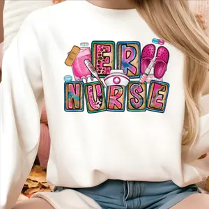 ER Nurse Things Unisex Sweatshirt with Nurse Hat Clogs Shots Pills Band-Aid Saline Bag in Pinks and Blues Casual Colorful Ideal for Nurses & ER Staff