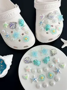 Ocean Series DIY Shoe Charms, 22pcs Shell Starfish Shark Decorations, Removable for Garden Beach Sandals Slippers