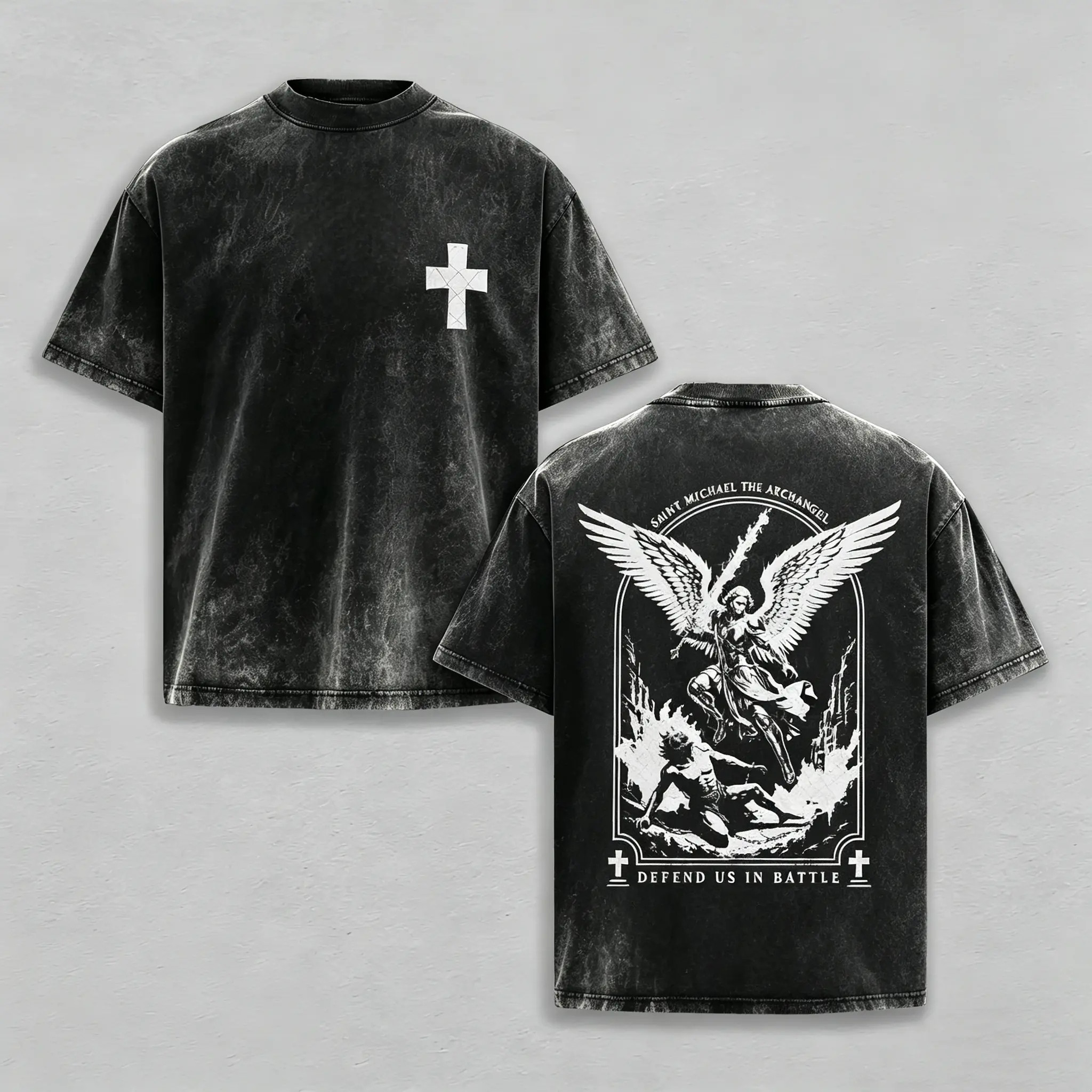Men's Saint Michael The Archangel Graphic Oversized T-Shirt - Washed Vintage Acid Wash, Front Cross Print, Distressed Retro Heavy Cotton Short-Sleeve Religious Faith Top For Christian Church, Defend Us In Battle
