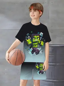 Pixel Hulk Kids Set, Boys Sandbox Game Style Short Sleeve Shorts Two-Piece Set, Casual Fitted Crop Top Without Zipper