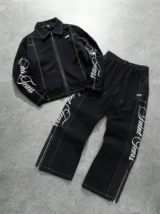 2pcs Men's Fashionable Outfit Set, Long Sleeve Box Zipper Collar Shirt and Slit Hem Pants, Casual and Sporty Daily Wear for Spring & Fall