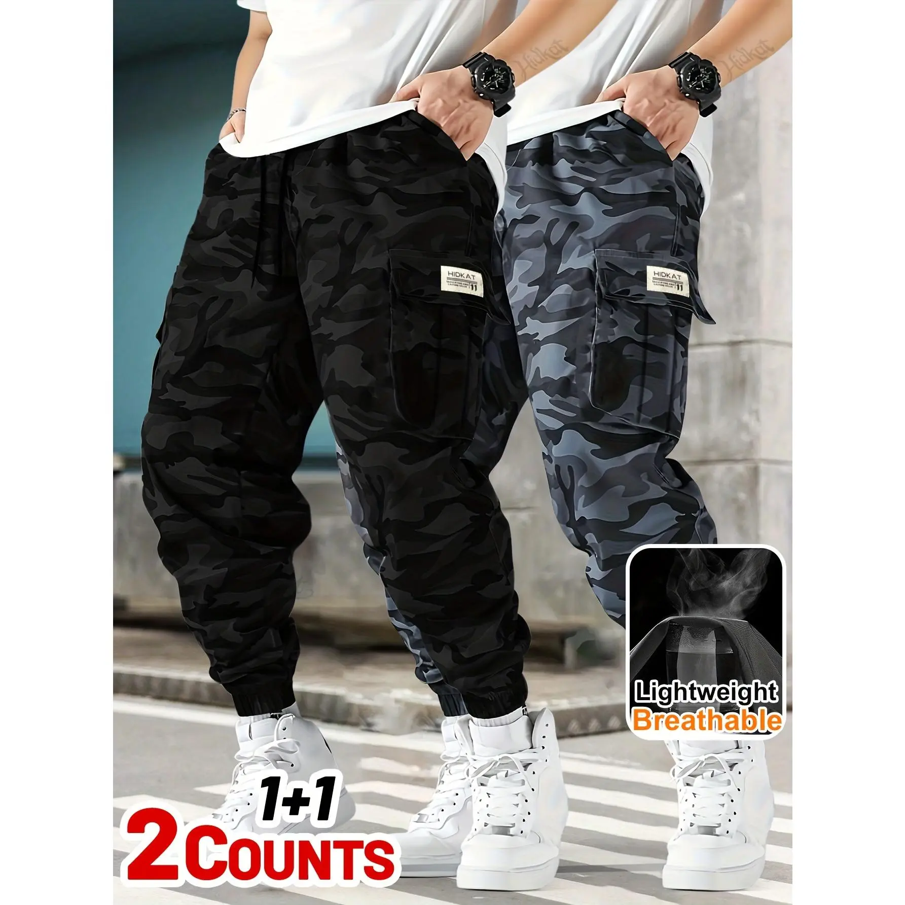 Men's Camo 2-Piece Loose-Fitting Polyester Tracksuit for Male Normal Type - Cargo Joggers with Elastic Waistband, Utility Pockets, Breathable, Machine Washable, Sporty Chic Khaki for Outdoor Hiking, All Seasons, Relaxed Fit Jeans