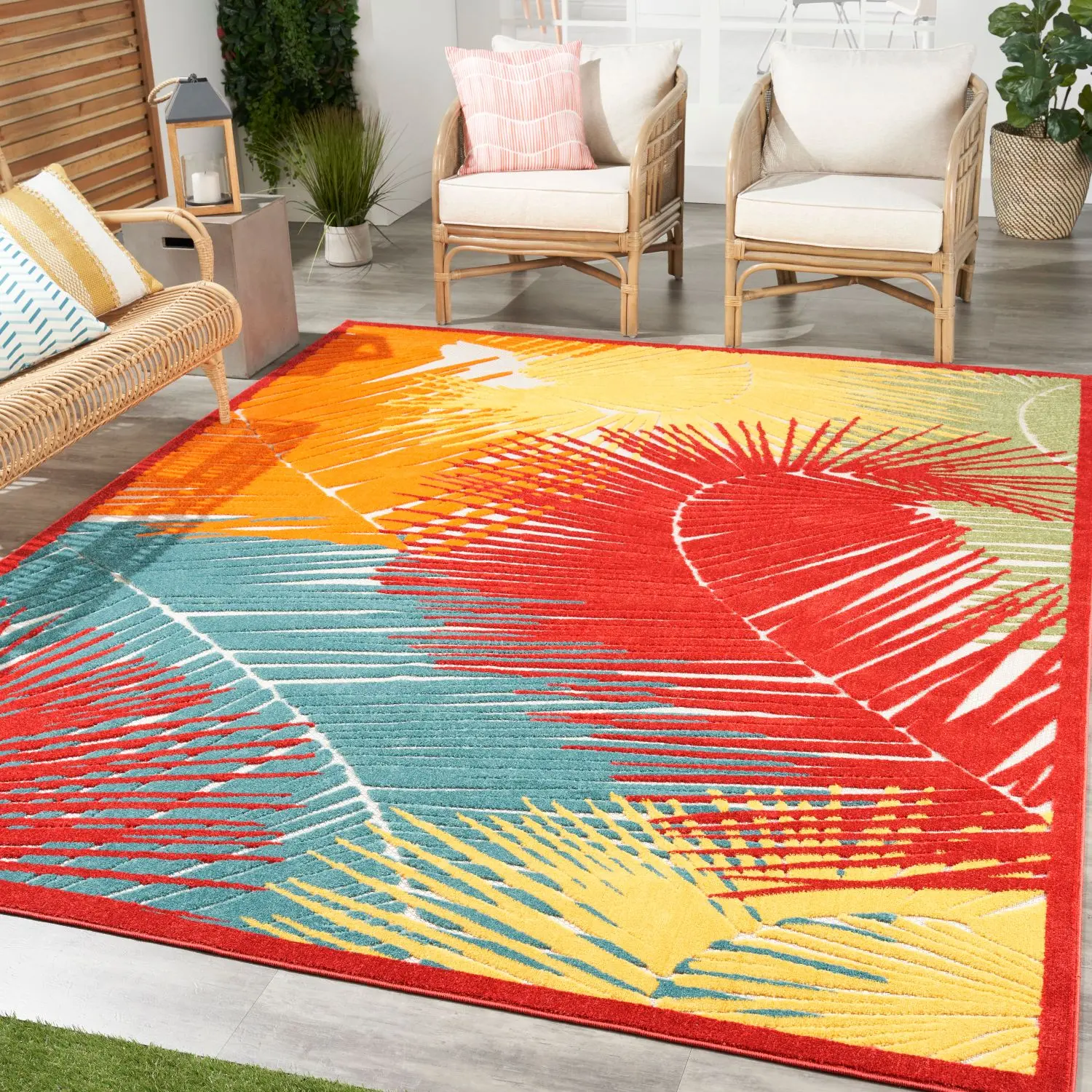 Nourison Aloha Oversized Flatweave Multicolor Floral Palm Leaf Woven Area Rug - Outdoor-Ready Stain-Resistant All-Weather Indoor/Outdoor Multicolor Rug