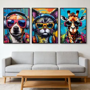 3-Piece Modern Colorful Graffiti Animal Poster Set, Fun Dog Cat Giraffe Pop Art Prints, Street Style Wall Decor for Bedroom Game Room