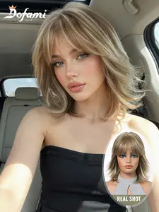 12-Inch Linen Gold Highlight High-Temperature Fiber Scalp Bangs Short Curly Hair, Synthetic Curly Wigs, Fashionable Rose Net Hat for Women's Stylish Look, Curtain Bang Wig