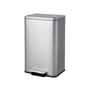 Kitchen Trash Can, 13 Gallon Stainless Steel Garbage Can with Quiet Soft-Close Lid, Foot Pedal & Removable Inner Bucket, Rectangular Step Waste Bin for Living Room Office Bedroom, Silver, Trash Cans For Kitchen