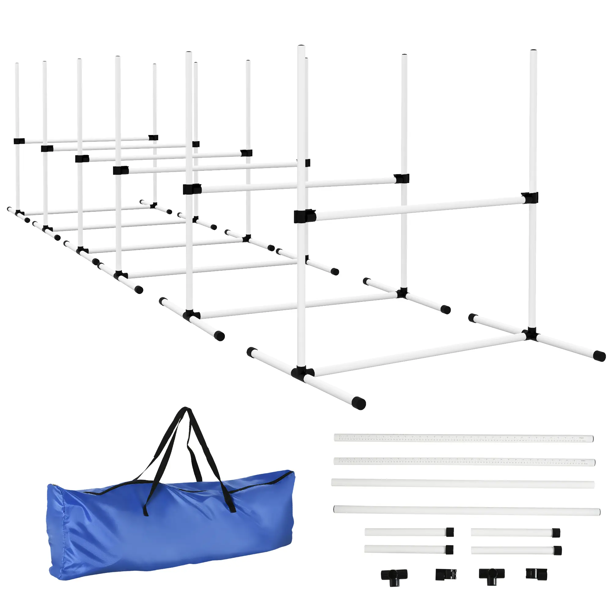 6-Piece Dog Agility Training Equipment Set with Adjustable-Height Jump Bars, Carry Bag, Displacing Top Bar, White