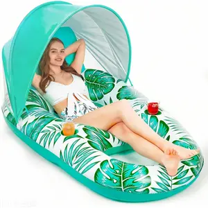 Pool Float with Canopy - Inflatable Pool Floaties Adult Lounger Floats Raft Floating Chair with Cup Holders for Swimming Pool Lake Water Lounge Float Beach Pool Party Toys for Adults