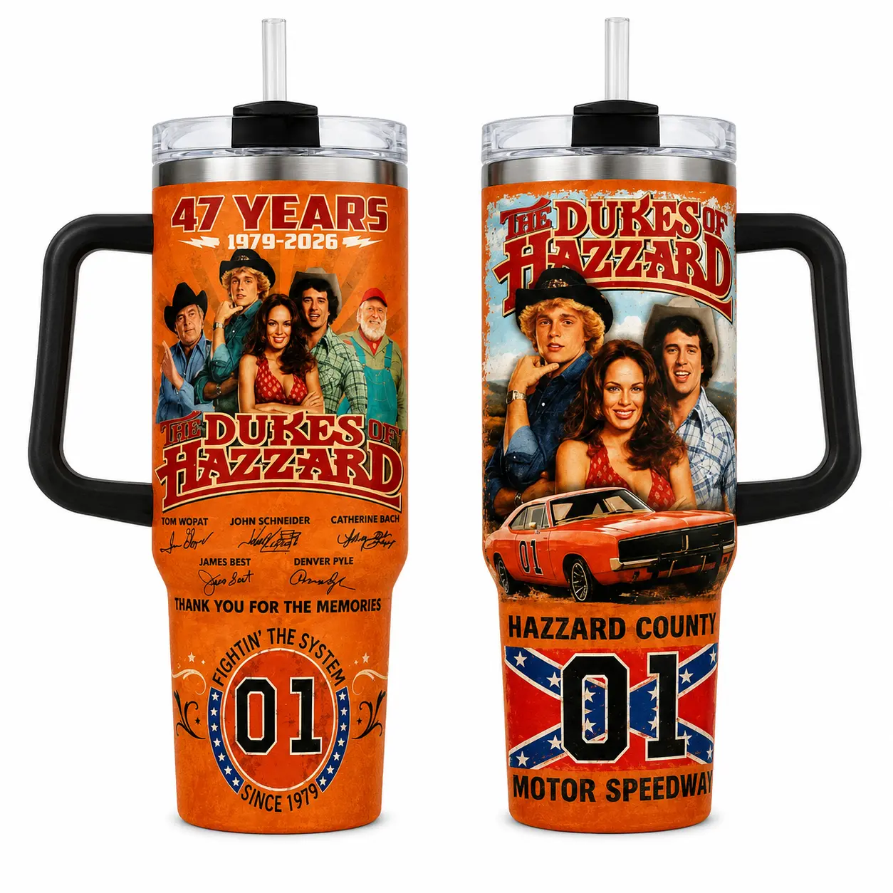 The Dkes 0f H@zzard 47 Years Anniversary Tumbler 30oz 40oz With Handle, Orange Classic TV Show Fan Cup With Retro Car 01 Graphic, Not Including The Straw Water Bottles Drinkware