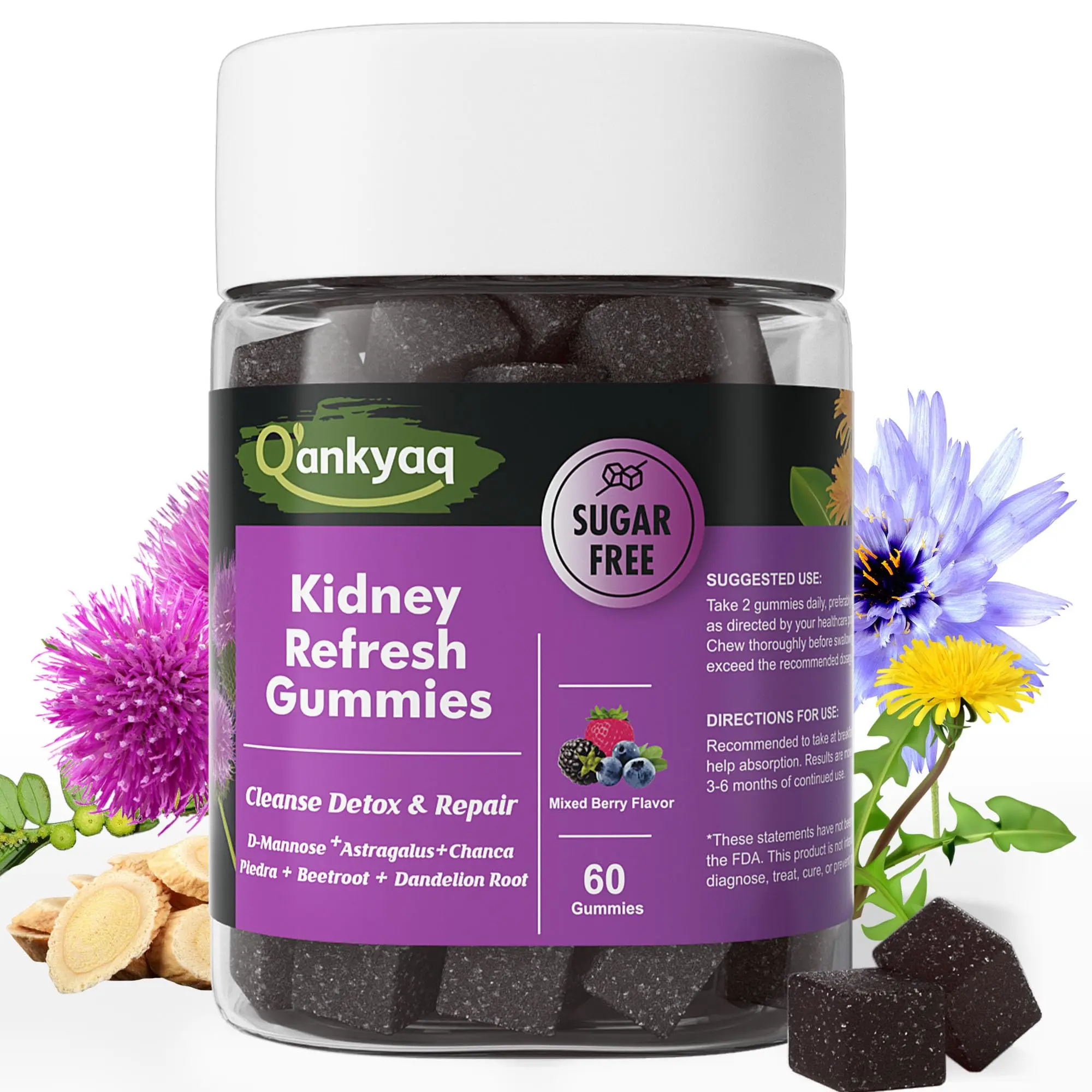Q'ankyaq Kidney Gummies, D-mannose Gummies for Women – Chewable D-mannose with Astragalus, Dandelion, Milk Thistle – Vegan, Sugar-Free, 60 cts