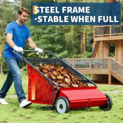[NEW PRODUCT - FLASH SALE] Garvee 26" Push Lawn Sweeper, 7 Cu. Ft Leaf & Grass Collector, 4 High-Speed Brushes, Adjustable Height, Heavy-Duty Steel Frame Yard Sweeper