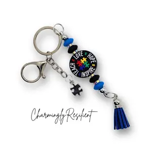 CharmingResilient Autism Awareness Bag Charm with Love Hope Inspire Message and Puzzle Piece Charm