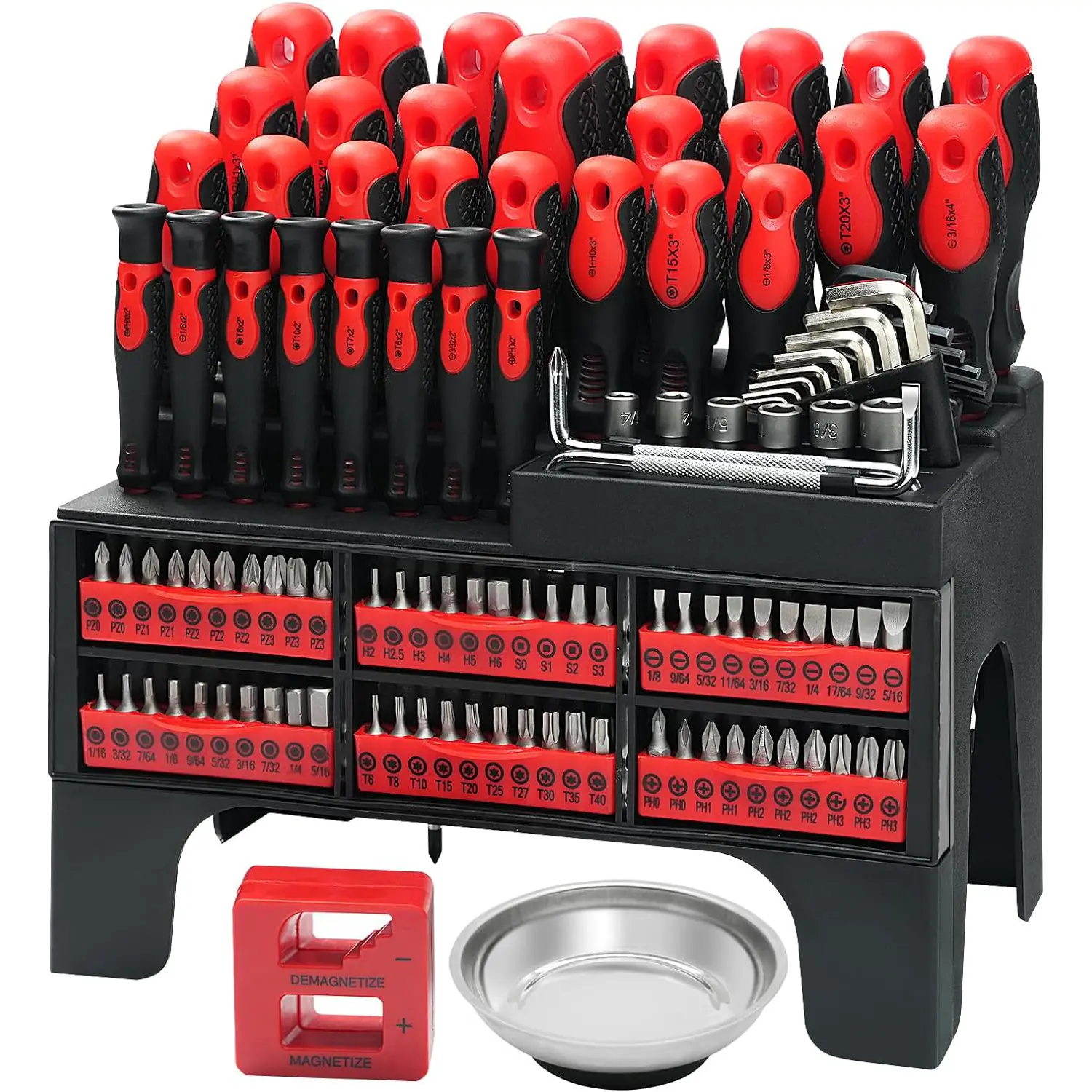 Multi Screwdriver Combo Set with Plastic Racking - Metric & SAE Precision Screwdrivers, Magnetizer, Demagnetizer, Allen Keys, Nut Drivers, Ratchet Handles, Sockets & More - DIY Hand Tool Gift for Men