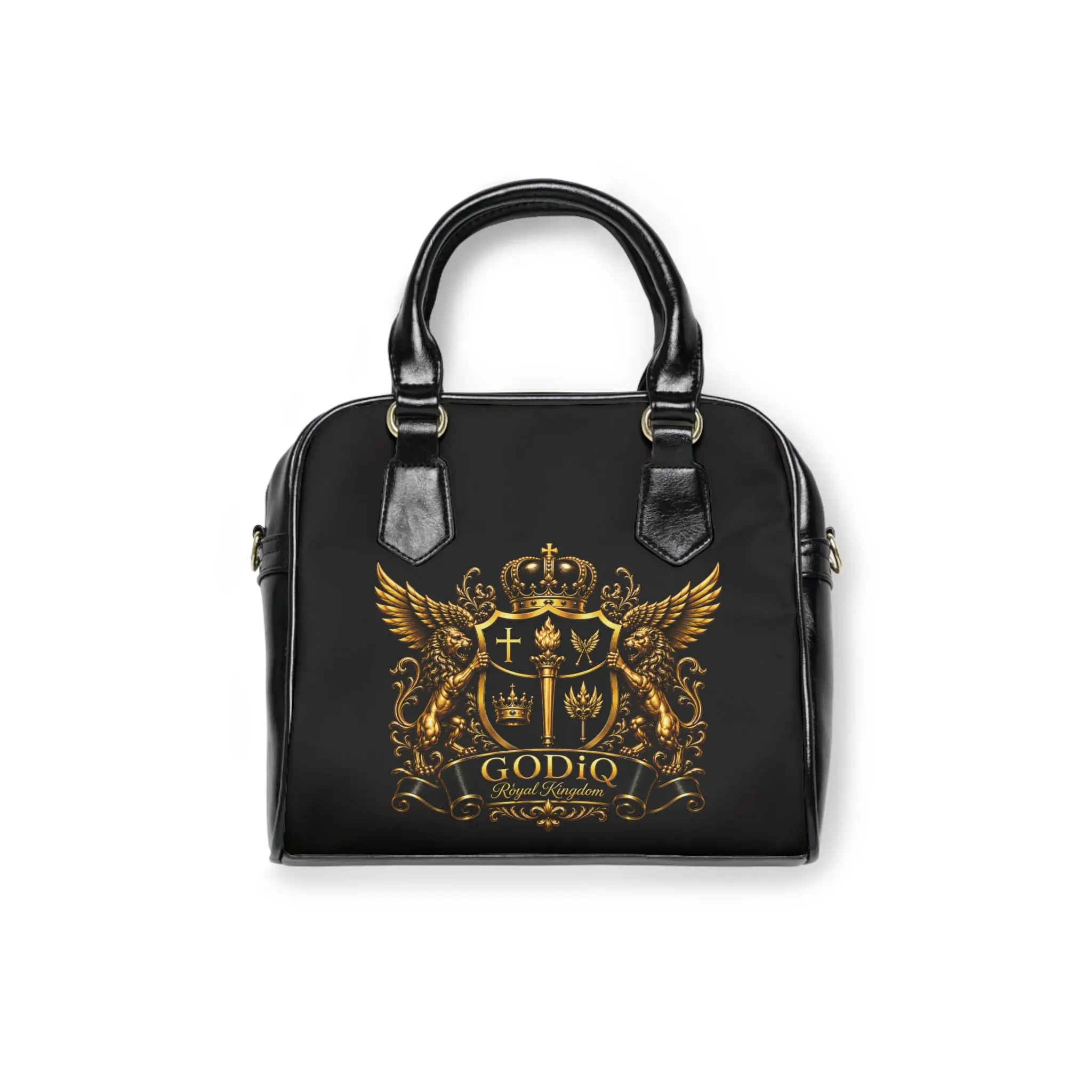 GODiQ Royal Kingdom™ Gold Crest Women's Ministry Shoulder Handbag – Luxury Christian Designer Purse | 24K Gold Heraldic Crest Bible Bag | Elegant Church & Kingdom Handbag