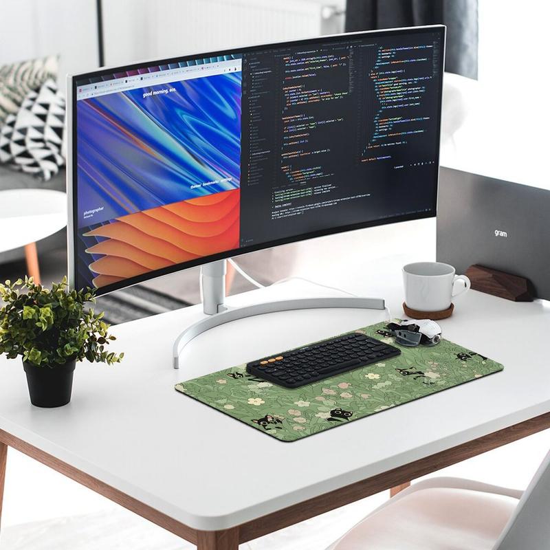 Cute Black Cat Green Mouse Pad Gaming Mousepad 31.5 x 11.8in Large Mouse Pad for Keyboard and Mouse with Anti-Slip Rubber Base, Keyboard Pad XL Mouse Mat for Home and Office