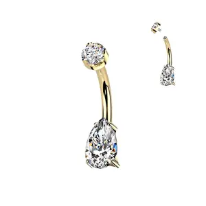 Titanium Internally Threaded Teardrop Moissanite Belly Button Ring Color 24K Gold PVD/Clear Unique Jewelry Delicate Design Piercing For Women