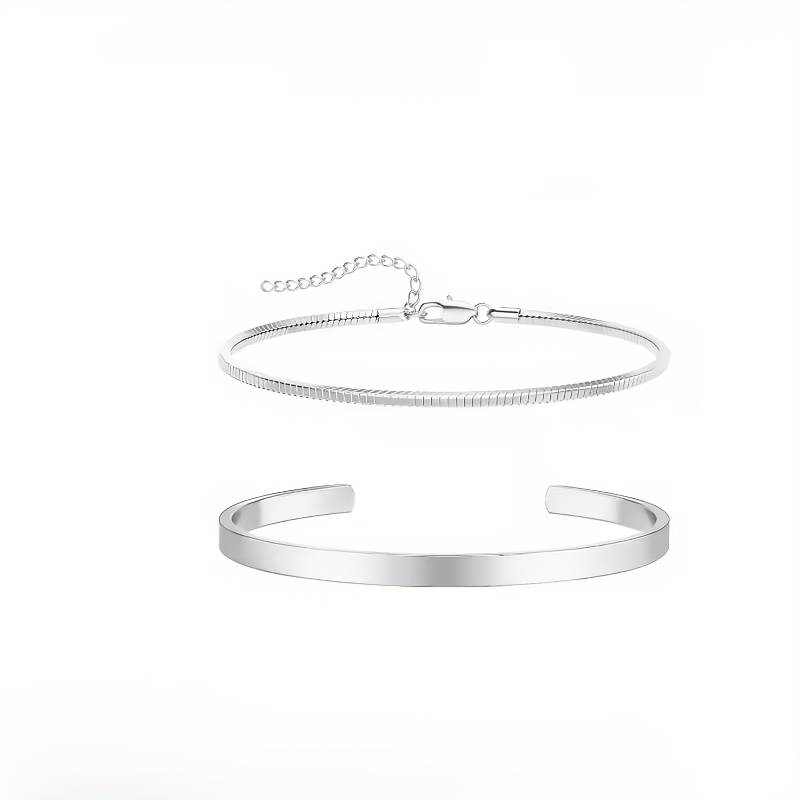 2pcs Silvery Smooth Bangle And Snake Chain Bracelet Set, Minimalist Dual Style for Stacking, Understated Perfect Gift for Men Father Son Boyfriend