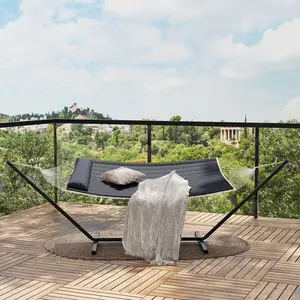 Double Hammock with Stand, 2 Person Portable Foldable Outdoor Hammock with Pad & Pillow, 450lb Capacity Heavy-Duty Hammock for Garden, Patio, Backyard, Dark Gray