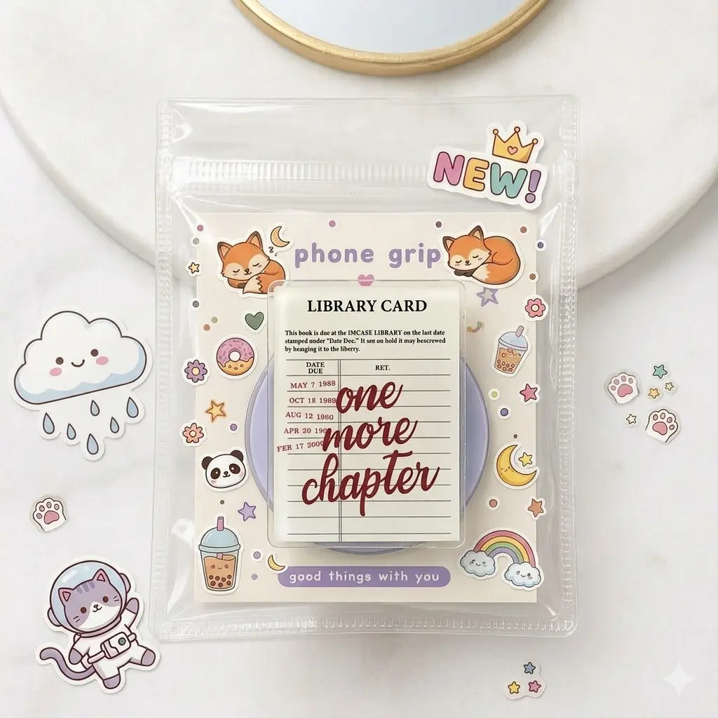 One More Chapter Phone Grip – Kawaii Library Card Design, Perfect Gift for Bookworms & Students
