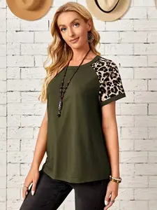 Plus Size Leopard Print Shoulder Pad Round Neck Short T-Shirt, European Style Colorblock Loose Fit Casual Top, Daily Wear Versatile Shirt, Everyday Womenswear Summer
