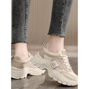 Women's Fashionable Plain Color Lace Up Platform Sneakers, Casual Comfortable Breathable Sports Running Shoes, All-match Round Toe Chunky Sneakers for Daily Wear
