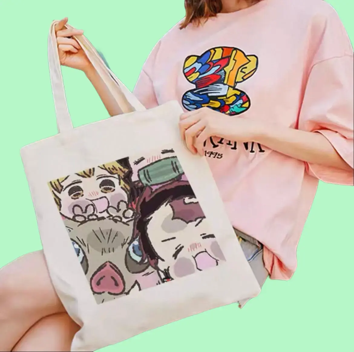 Women's Reusable Canvas Tote Bag - Japanese Anime Demon Slayer Corps Inspired Stylish Shoulder Bag for Anime Enthusiasts