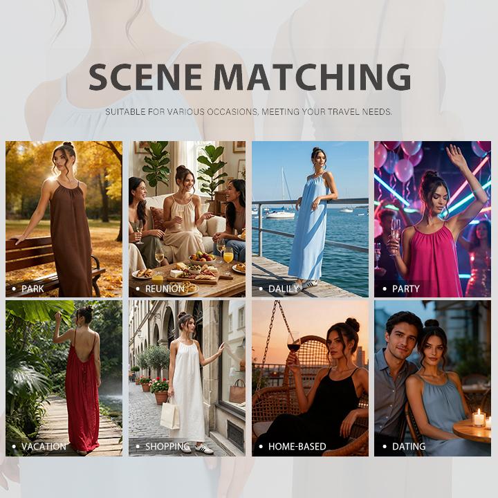 KatchMe Women's Breezy Solid Color Thin Strap Ruched Low Back Loose Maxi Dress, Elegant Adjustable Tie Backless Dress, Summer Sleeveless Women's Clothing for Beach