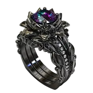 Set of 3 Black Flower Shaped Cubic Zirconia Rainbow Rings, Suitable for Women, Elegant Fashion Jewelry for Bridal, Engagement and Anniversary