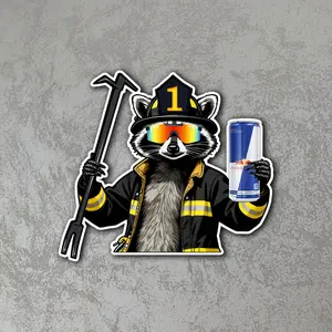 Trash Panda Raccoon Energy Drink Firefighter Vinyl Sticker Funny Animal Decal for Car Laptop Water Bottle Cute Humor Design