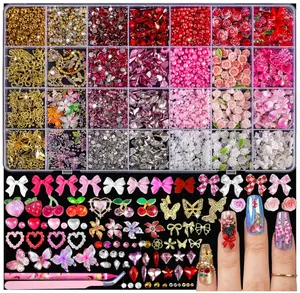 28 Grids Nail Charms Kit with Rhinestones for Nails, 3D Kawaii Bows, Cherry, Flowers, Butterfly. Red Pink Gold Nail Gems, Pearls & Metal Studs. DIY Manicure Art Supplies with Wax Pen & Tweezers