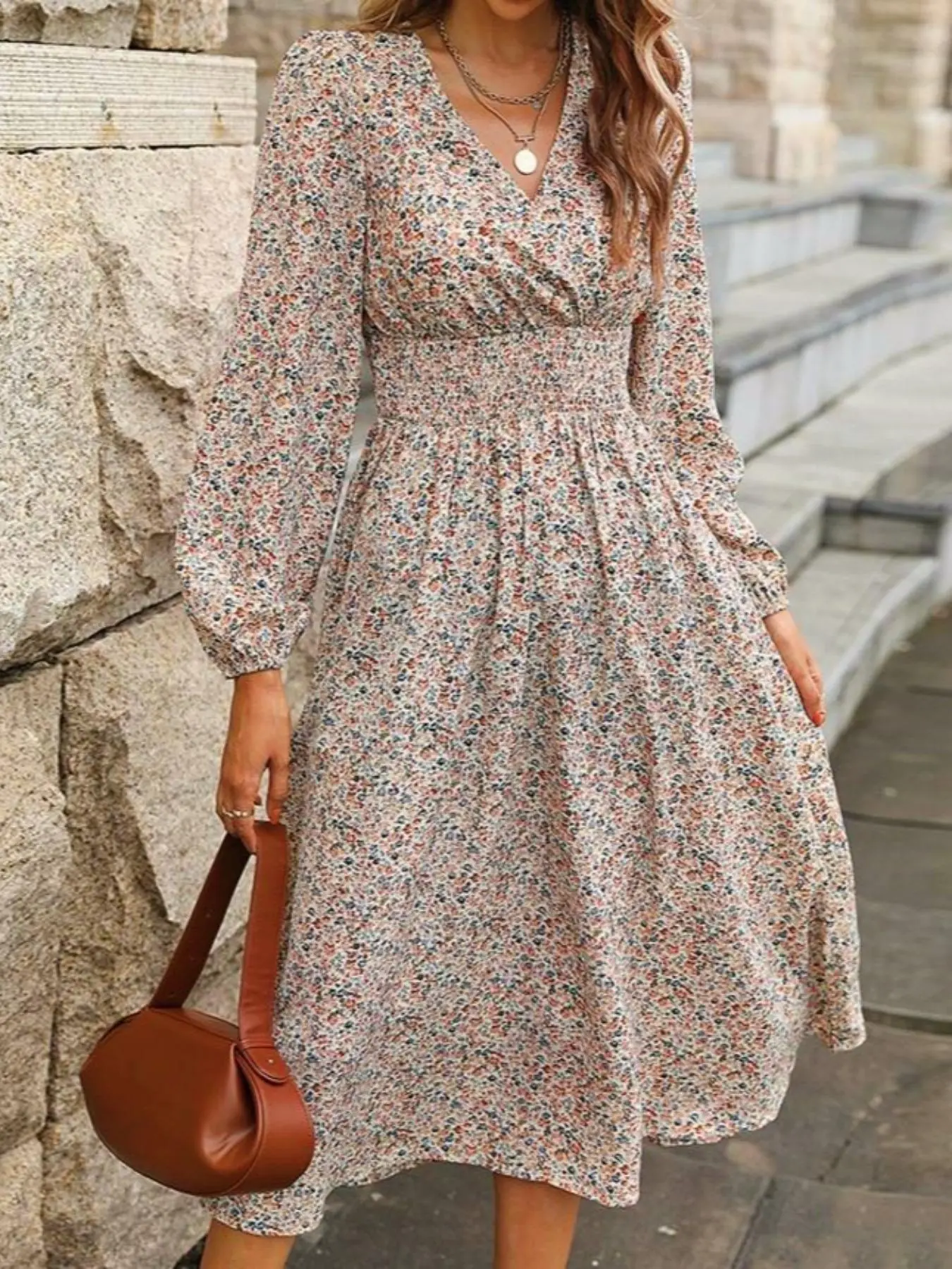 Women's Ditsy Floral Print Shirred A-line Woven Fabric Dress, Elegant Bishop Long Sleeve V Neck Midi Dress for Spring & Fall, Womenswear for Daily Wear - TikTok Shop Women's Ditsy Floral Print Shirred A-line Woven Fabric Dress, Elegant Bishop Long Sleeve V Neck Midi Dress for Spring & Fall, Womenswear for Daily Wear - TikTok Shop