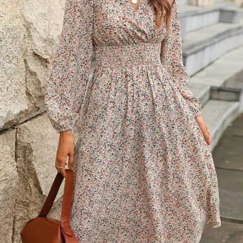 Women's Ditsy Floral Print Shirred A-line Woven Fabric Dress, boho style womenswear, Elegant Boho Bishop Long Sleeve V Neck Midi Dress for Spring & Fall, Womenswear for Daily Wear