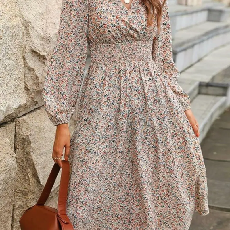 Women's Ditsy Floral Print Shirred A-line Woven Fabric Dress, boho style womenswear, Elegant Boho Bishop Long Sleeve V Neck Midi Dress for Spring & Fall, Womenswear for Daily Wear