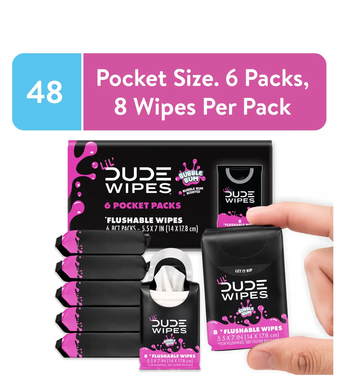 Choose Your Scent | LiL' DUDE Pocket Packs Flushable Wipes, Extra Large Bubble Bum Wet Wipes, Bubble Gum Scent, 8 Count, 6 Pack