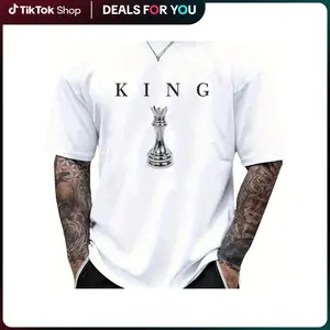 KING Men's 180GSM Cotton T-Shirt - Black Chess King Graphic Print, Casual Short Sleeve Round Neck Tee for Casual Attire