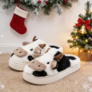 Lumubby Women's Cute Chic Cow Print Cotton House Slippers - Round Toe, Ankle Height, Memory Foam, EVA Sole, Breathable Ankle Boot Slide Shoe with Decor Accents