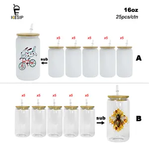 ICESIP 25pcs/ctn 16oz Sublimation Clear/Matte Glass Jar with Bamboo Lid and Metal Straw,for juice,lced coffee,cocktail birthday party Gift partydecor