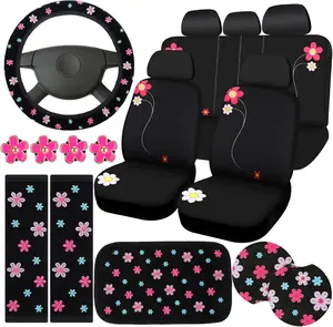 19 Pcs Embroidery Cute Flower Car Accessories Set with Seat Covers, Steering Wheel Cover, and Air Vent Clips