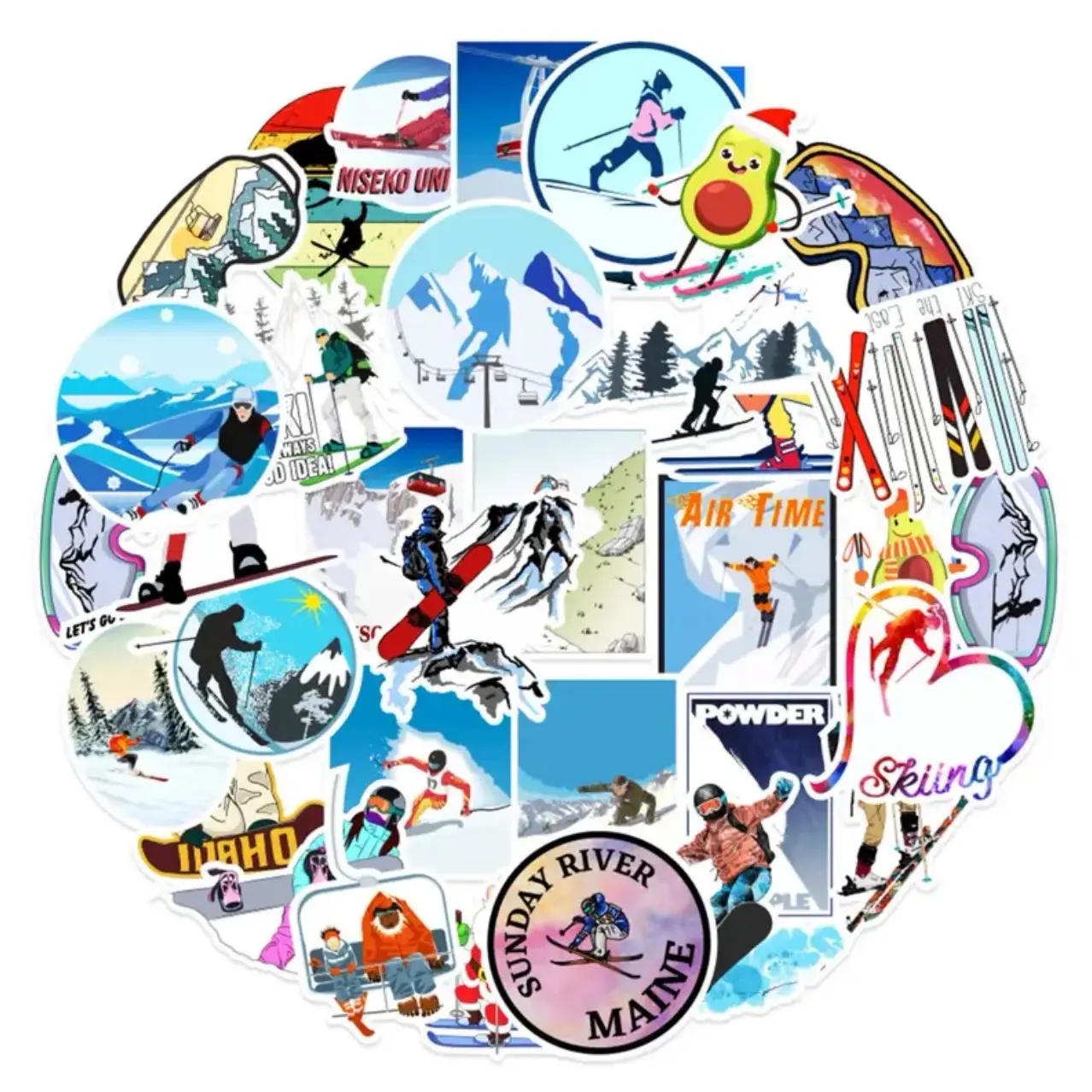 50 Pack of Skiing Themed Stickers. Waterproof. No Duplicates