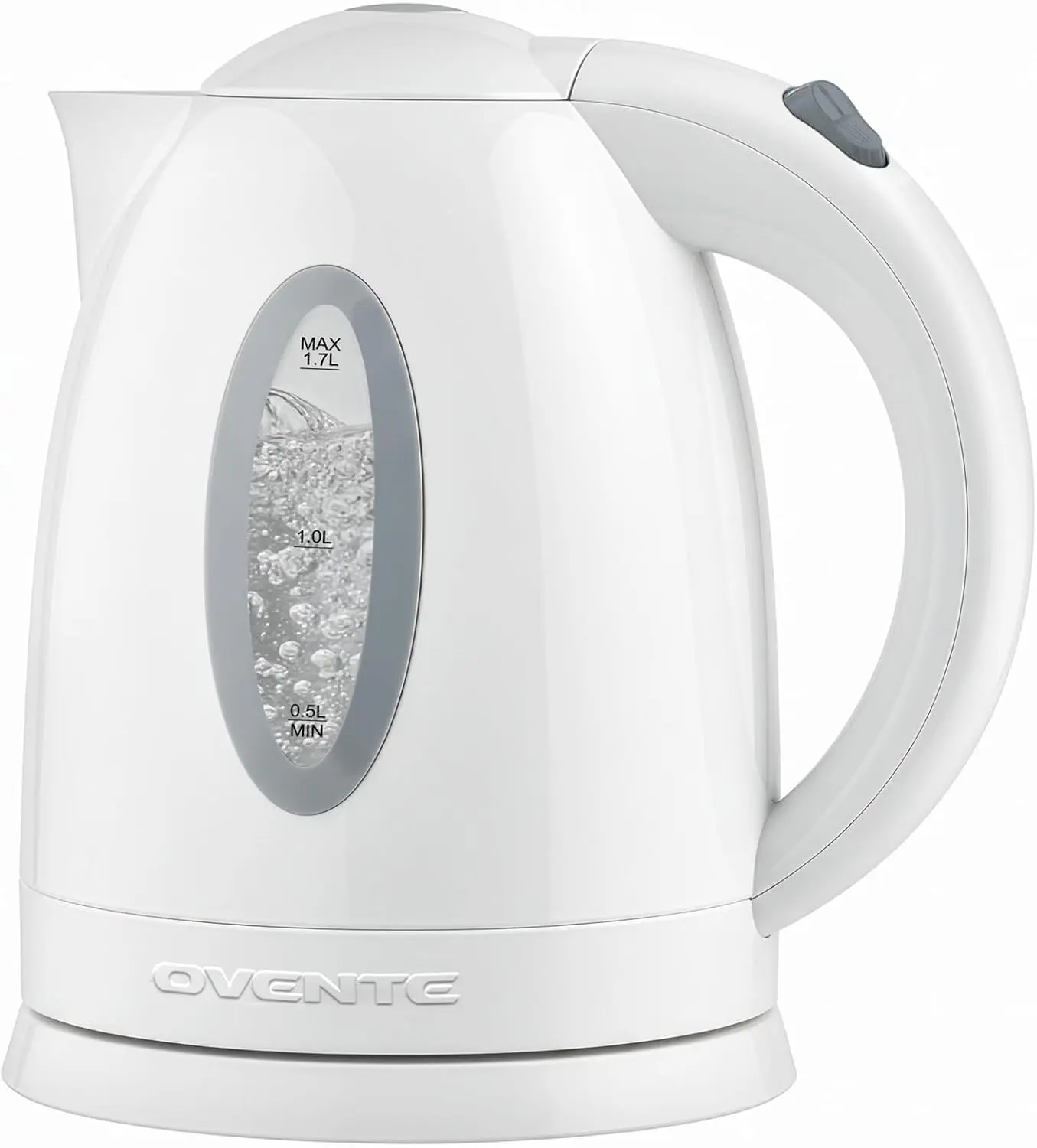 OVENTE 1.7L Electric Tea Kettle, 1100W BPA-Free Water Boiler, White KP72W | Fast Boiling, Auto Shut-Off, Boil-Dry Protection, 360° Swivel Base, Cordless Serving, Clear-View Window and Removable Filter