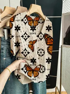Women's Geometric Butterfly Letter Print Short Sleeve Knitted Cardigan, Casual Elegant Vacation Style Sweater, V Neck Loose Button Front