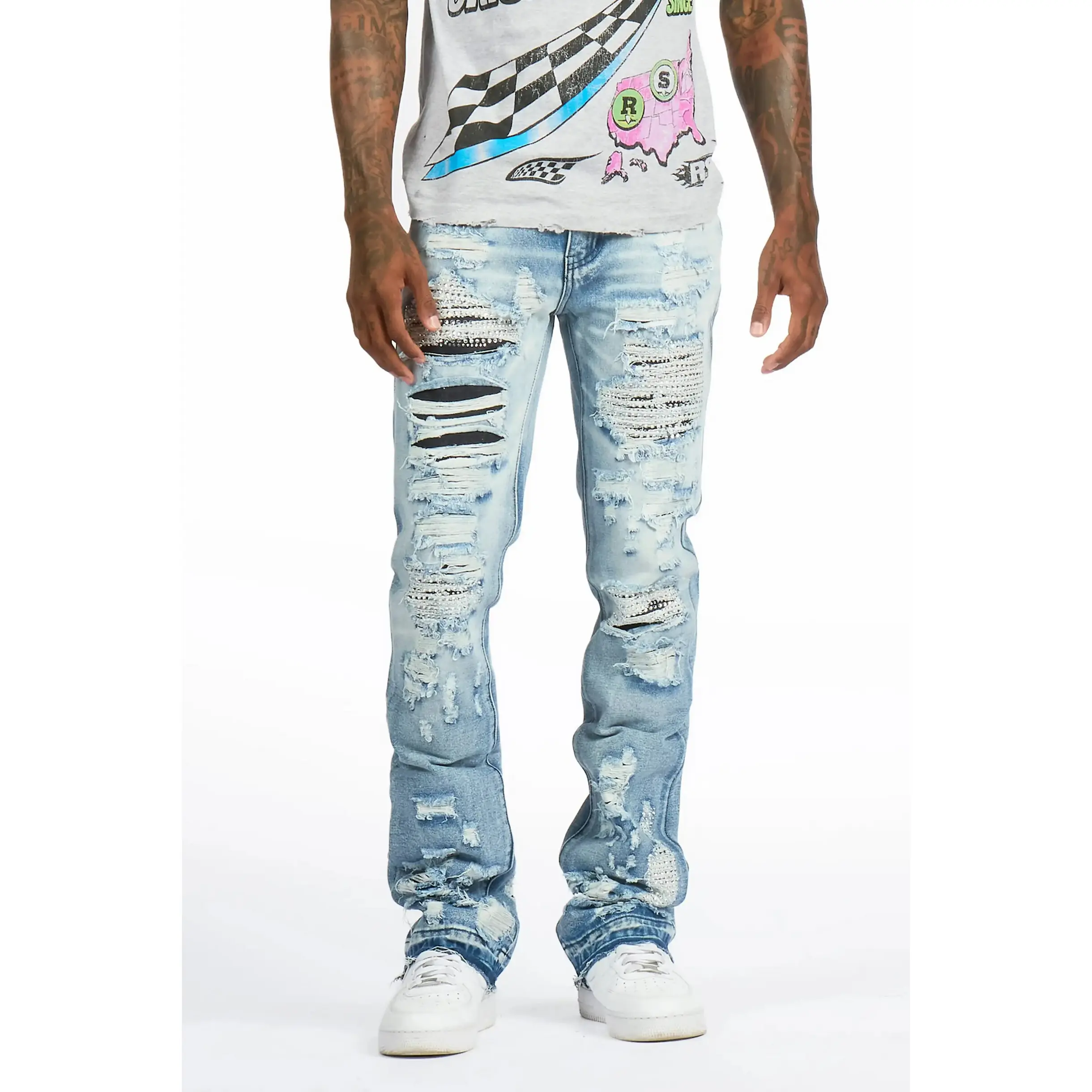 Mathey Light Blue Rhinestone Stacked Fit Jean