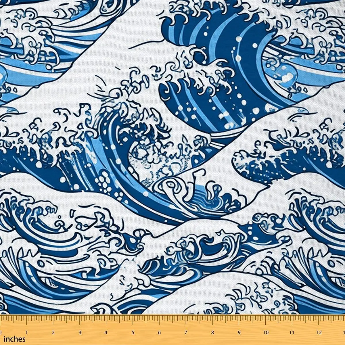 Cartoon Sea Wave Decorative Fabric Soft Flannel Polyester No Stretch and Home DIY Projects,Japanese Style Ukiyoe Fabric,Ocean Theme Blue Precut Fabric Squres