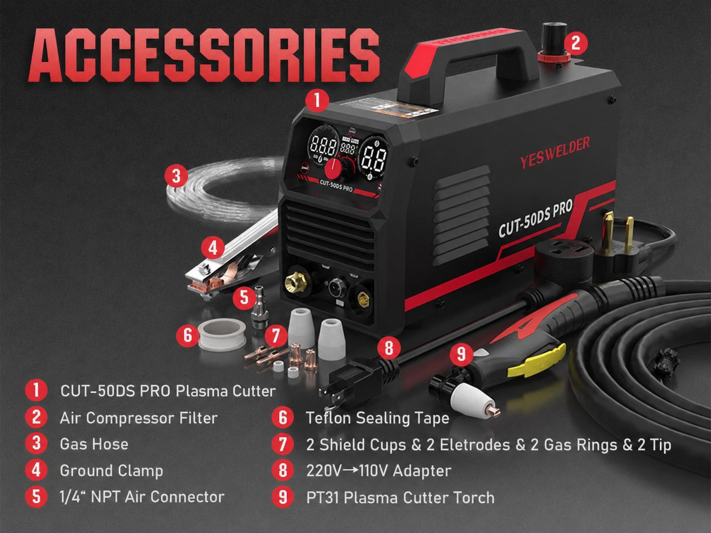YESWELDER CUT-50DS-PRO 50Amp 110/220V Digital Display Plasma Cutter Full Kit with Adjustable Output, 2T/4T Function, 16/25" Max Cut - Tools and Gadgets, Work Tools for Construction