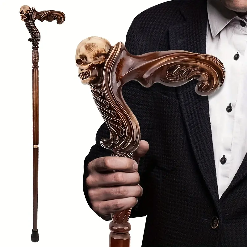 Skull Wooden Walking Stick Unisex Ergonomic Comfort Grip Vintage Style for Role - Play and Gifting