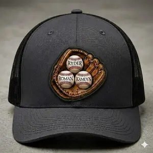 Personalized Baseball Dad Hat,Custom Kids Names Baseball Glove Leather Patch Trucker Cap