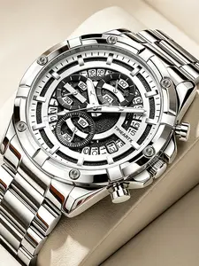 TIMEARTX Luxury Men's Watch, Stainless Steel Strap, Multi-Function Dial, Calendar, Classic Fashion, Quartz Movement, Digital Face
