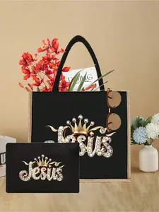 Portable Jesus-themed black canvas tote bag and makeup bag, women's linen large-capacity handbag, God, Jesus, Christianity, religious activities, shining crown and Jesus letter patterns, large-capacity shopping bag