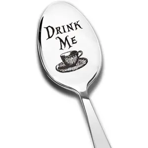 Coffee Cup Pattern Stainless Steel Spoon, 1 Count/10/15/18pcs Funny Dinner Spoon, Engraved Stainless Steel Spoon, Unique Gift Ideas